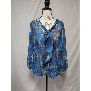 Zac & Rachel Women's Blue Abstract Snakeskin Tie‎ Neck Blouse Size Large